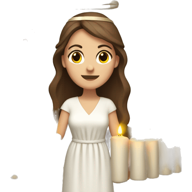 brown haired white women with white gown and advent wreath with candles on the head emoji