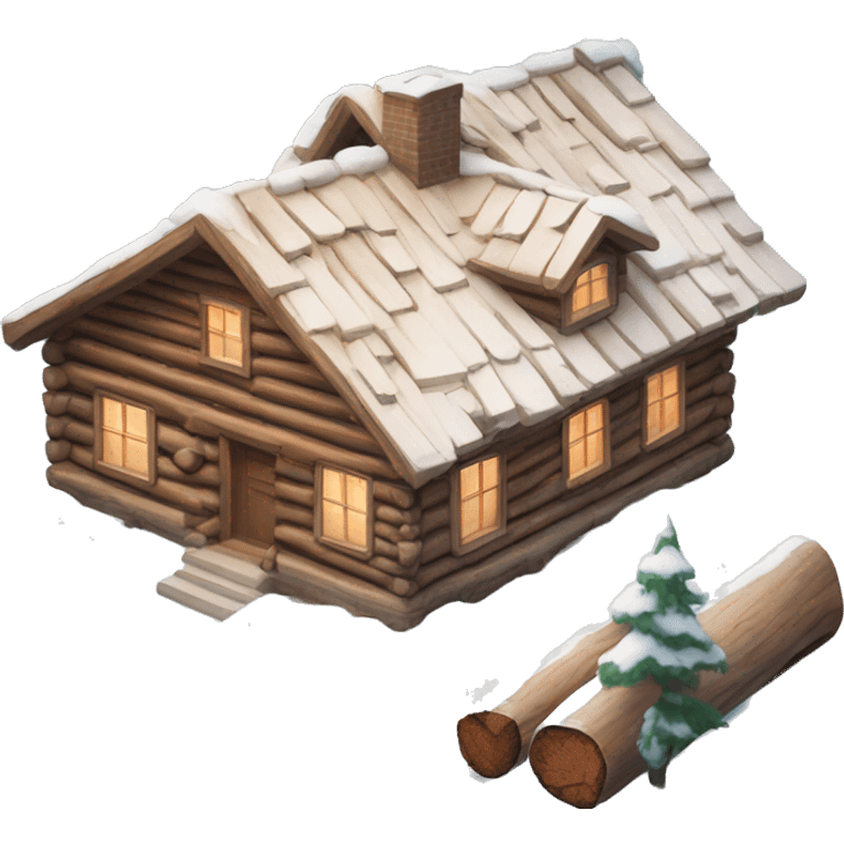 The house is made of chopped logs, one-story, in the snow emoji