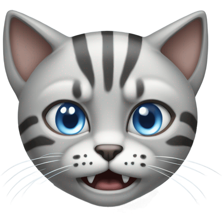 Light gray cat with stripes and black tipped ears and blue eyes with angry face emoji