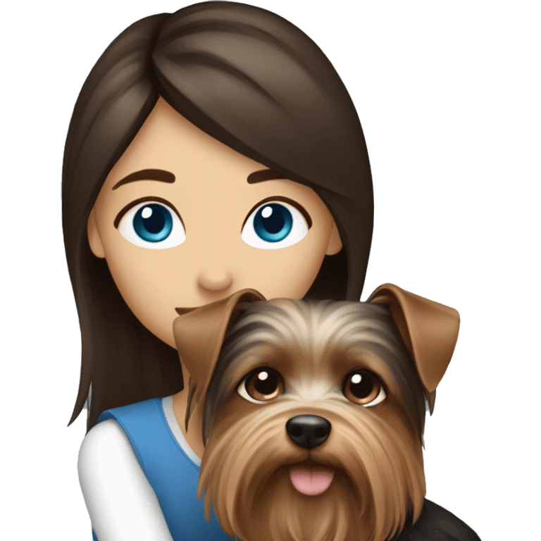 A brunette girl with blue eyes hug her dog Yorkshire Terrier emoji