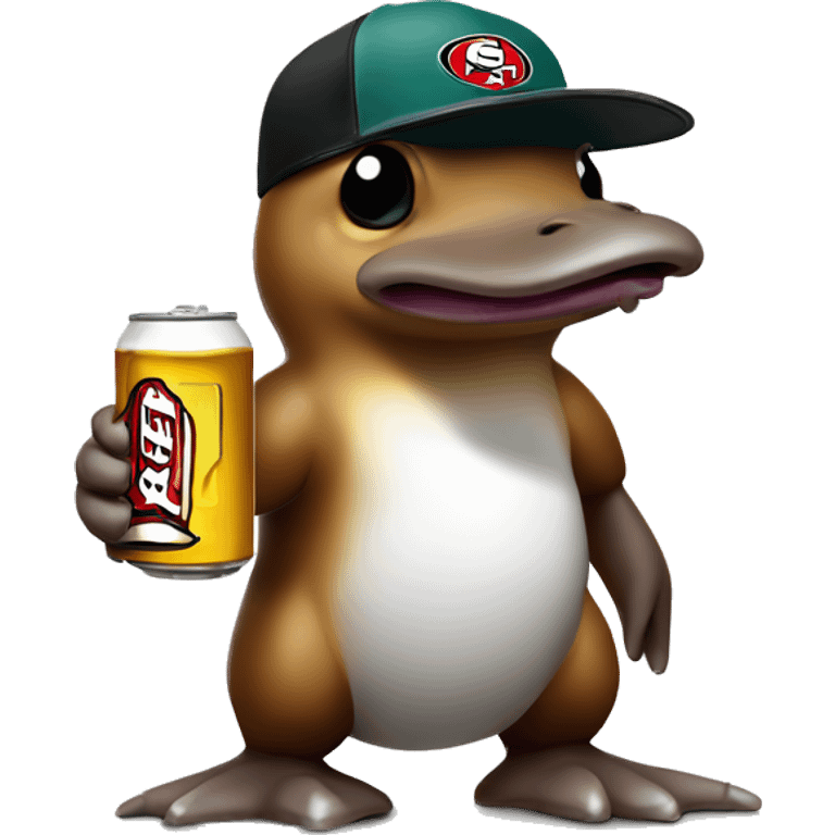 cartoon platypus in a white 49ers cap holding a beer can emoji