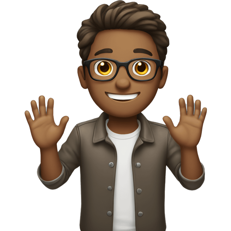 smiling young man who wearing glasses 
 putting hands up  emoji