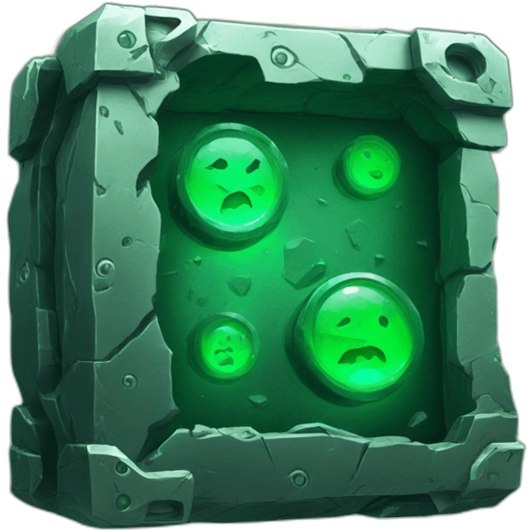 metal case, inside a green glowing stone emoji