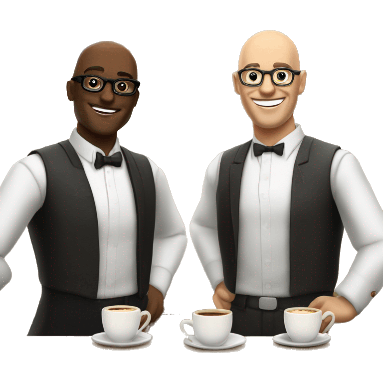 caffe bar hik and a semi bald waiter with glasses greeting you sith a large smile emoji