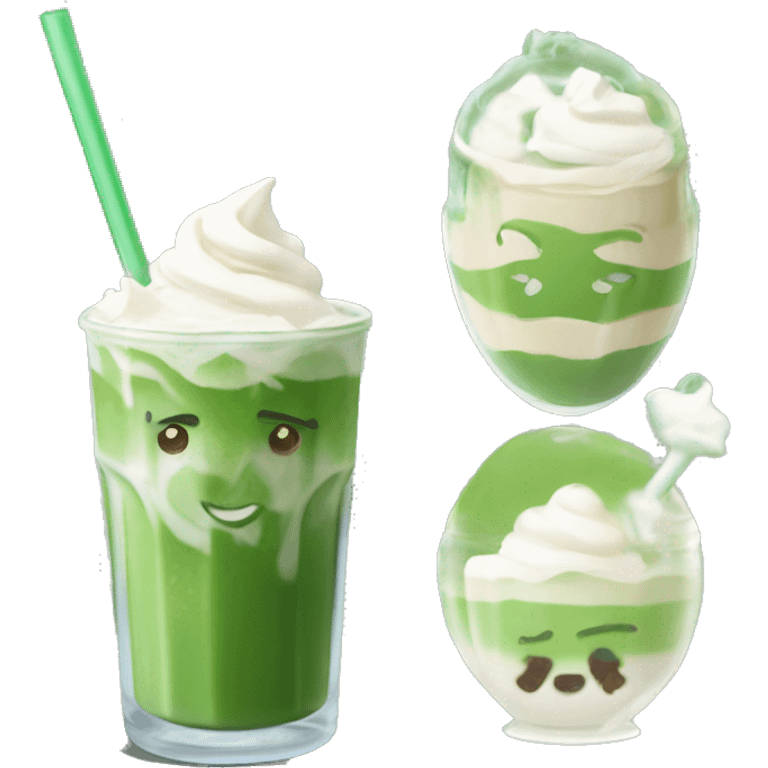 Iced matcha latte in a glass cup with whipped cream emoji