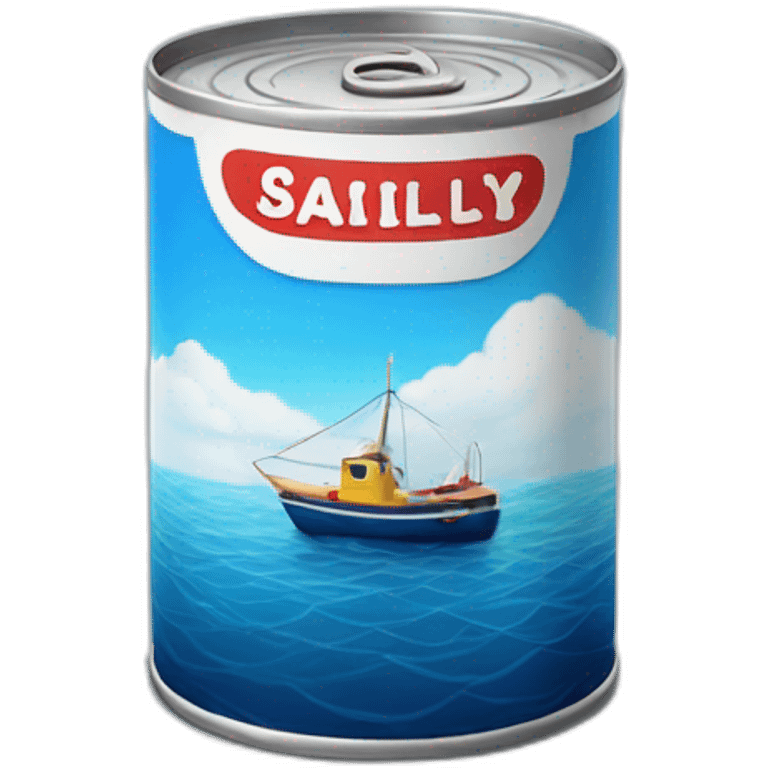 Realistic small can of tuna showing the blue shape of a sailling boat on a sea background emoji