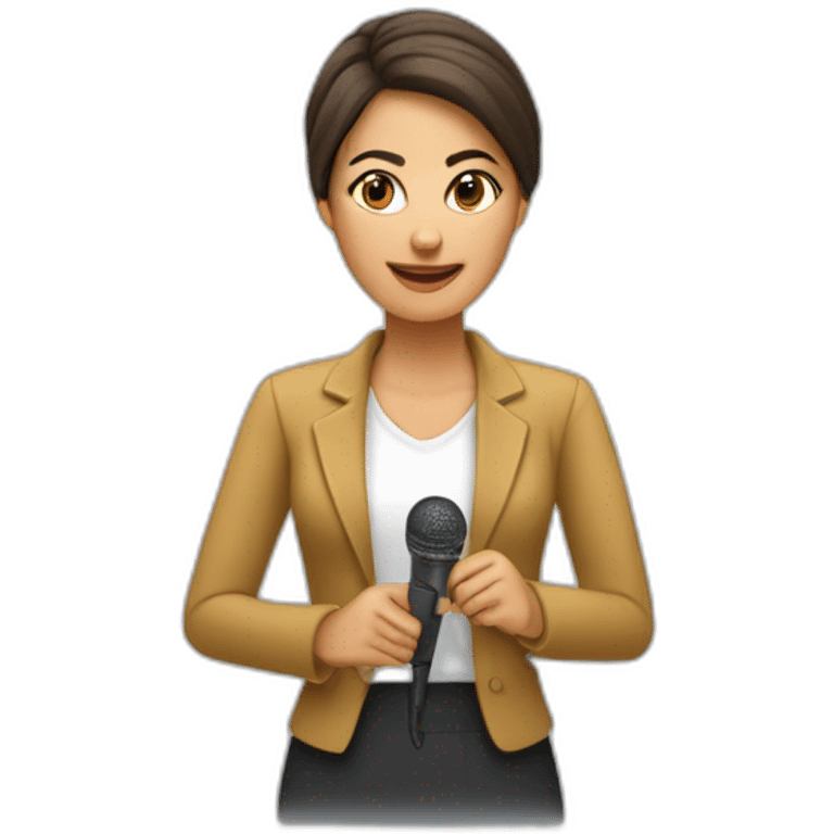 Mujer con un microfono y cansado de su trabajo emoji