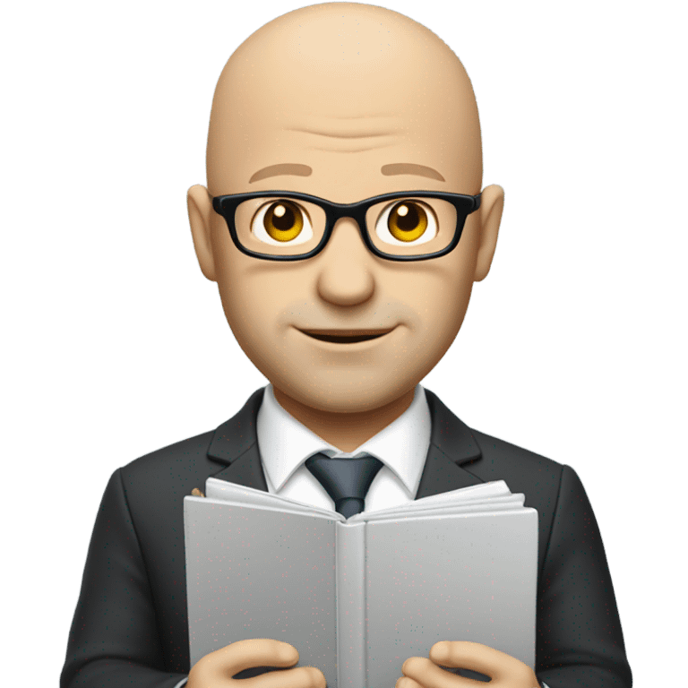 Bald white man with glasses wearing a suit holding a laptop emoji