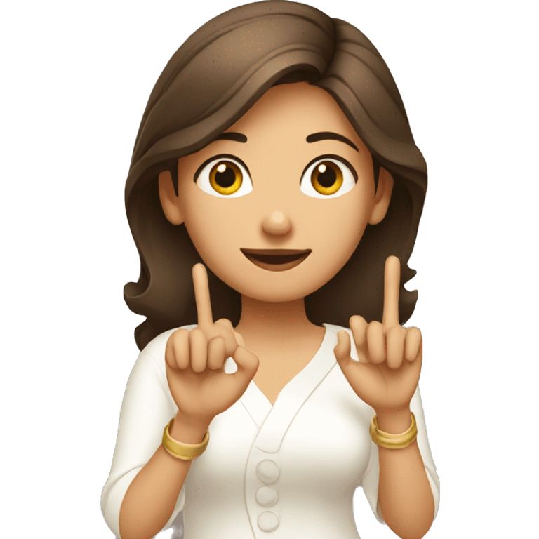 A lady with white kurti showing three fingers in one hand emoji