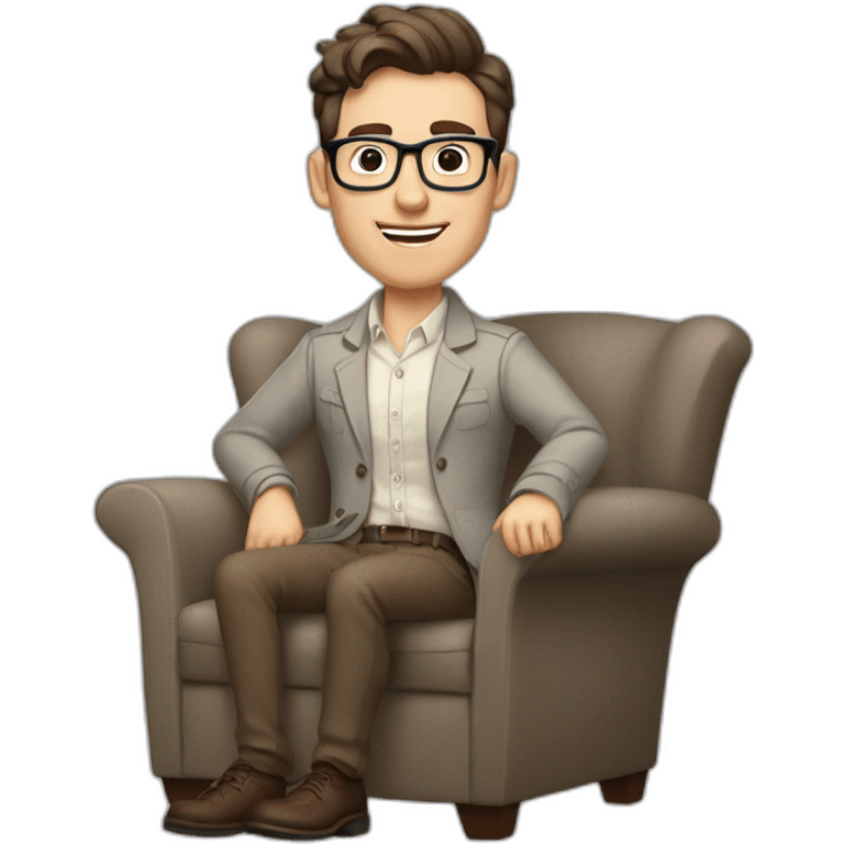 Joyful Pale skinned Fit Man With dark brown hair in gray jacket, beige office shirt, Brown pants and vintage glasses sitting In a soft chair. His thrumbs up emoji