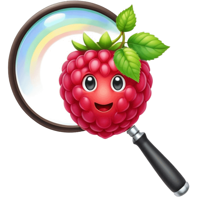 a raspberry holds a rainbow colored magnifier with its budding from handle of magnifier emoji