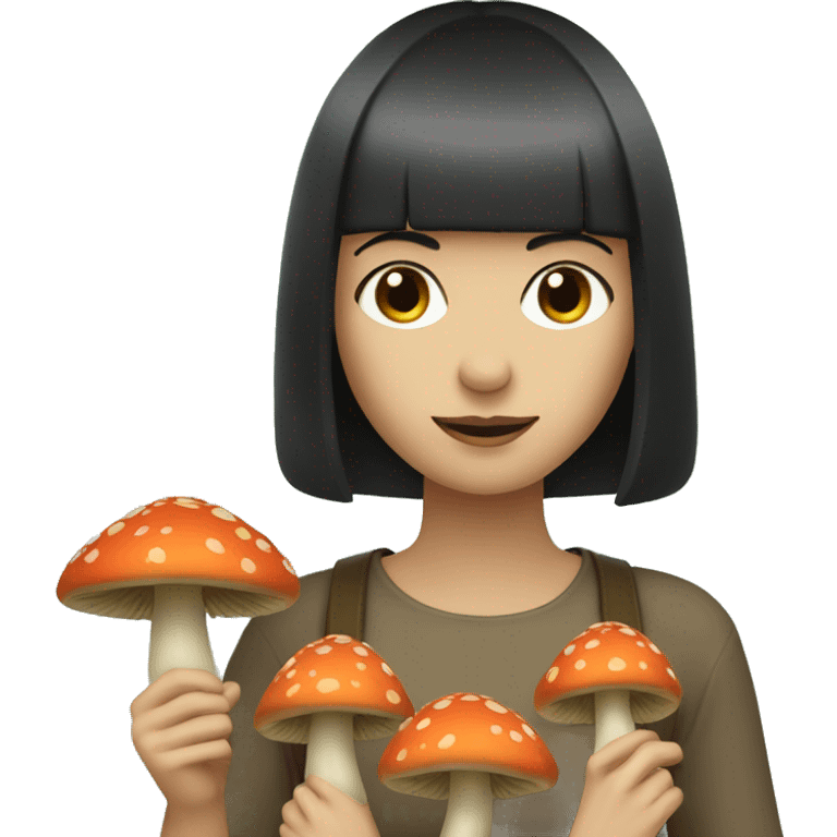 female with fair skin, dark bob and a fringe is picking up mushrooms emoji