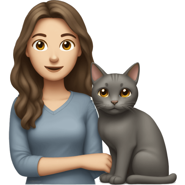 Woman with brown hair with her favourite grey cat emoji