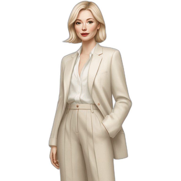 pale skin woman with ash blonde Straightened bob Hair, White Spacious classical jacket, beige palazzo Arrow pants and gray blouse holding white IPhone 15 pro in the hands emoji