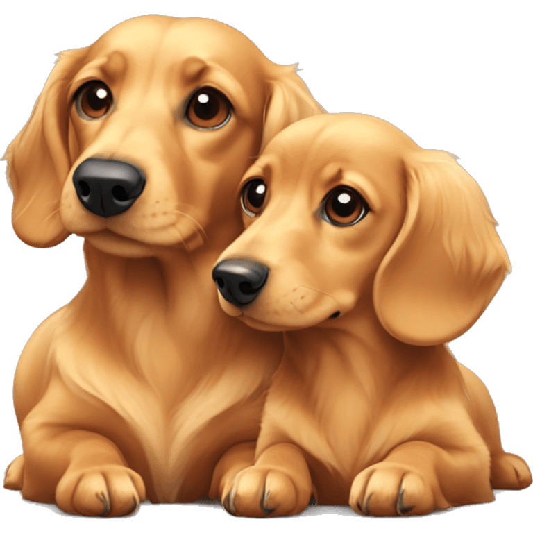 Mini dachshund and golden retriever laying down together emoji