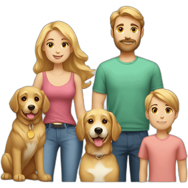 a caucasian family with 2 parents, 2 boys, 1 girl, and 2 golden retrievers emoji