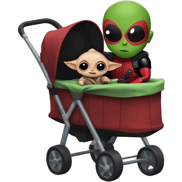 Deadpool pushing baby Yoda in his stroller emoji