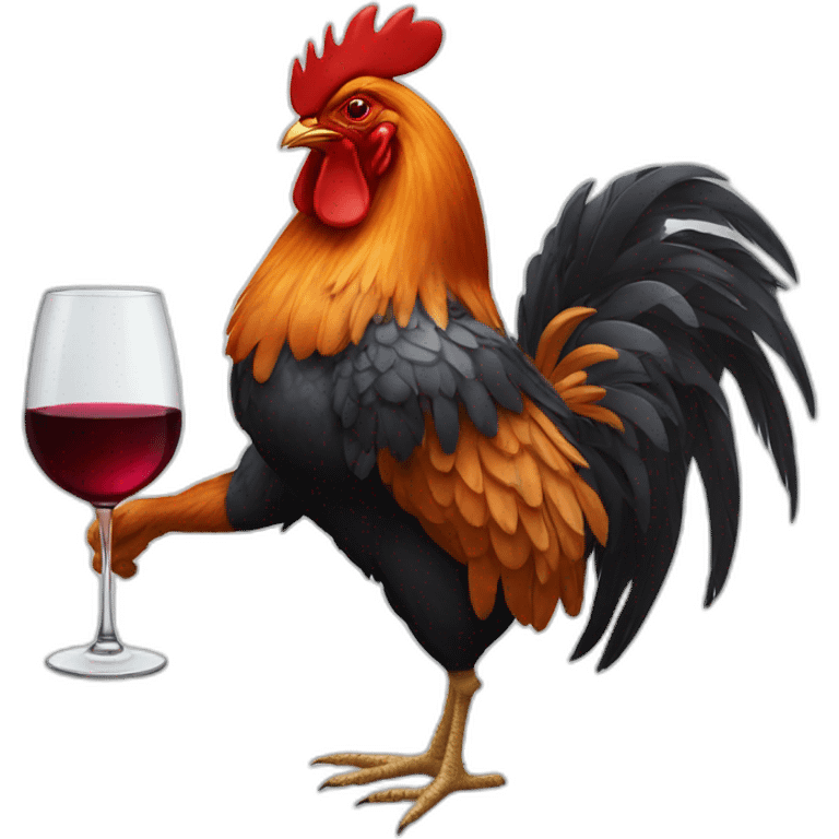 Rooster hanging a baguette and a glass of wine under his wings emoji