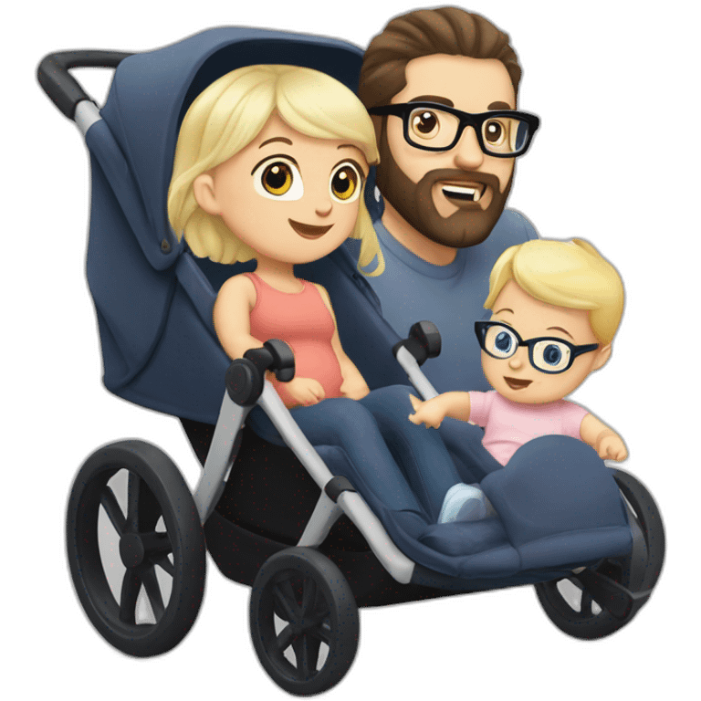 White man with Black hair,  beard and glasses pushing buggy with blonde baby emoji