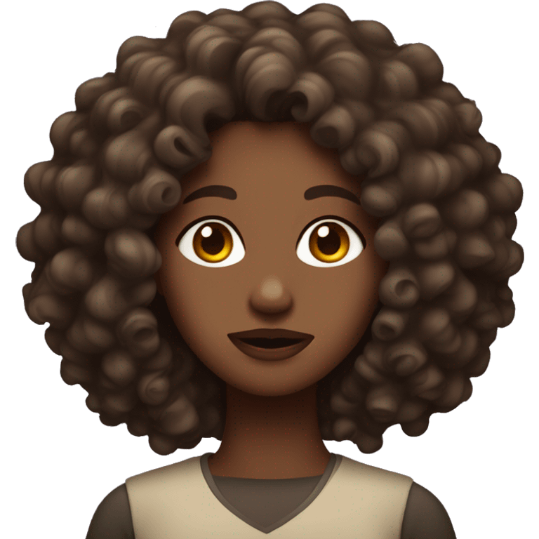 dark bron haird woman with curly hair, brown eyes emoji