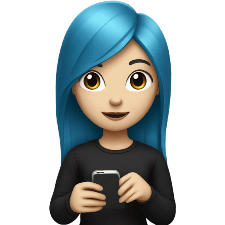 white skin girl with long blue hair in black clothes holding a phone emoji