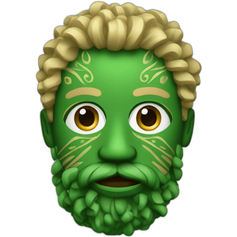 A man wearing a green wooden tribal mask with medium length blonde curly hair and with beard emoji