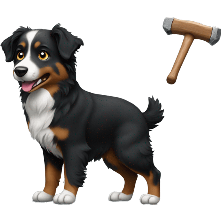 Small black australian shepherd dog building with hammer  emoji