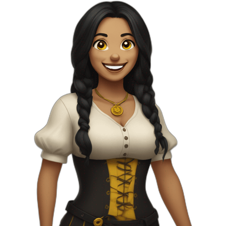 a woman, curvy, long black hair, yellow eyes, a septum piercing, tattoos, a black and yellow tavern keeper outfit, she laughs emoji