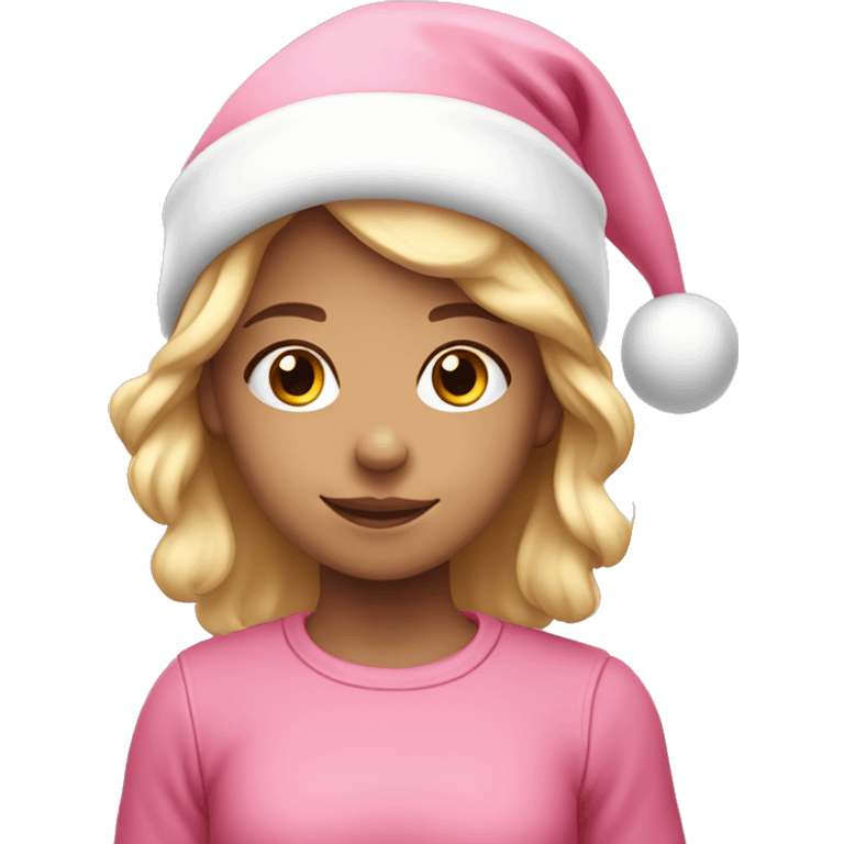 a cute little girl with blond hair and alight pink christmas hat emoji