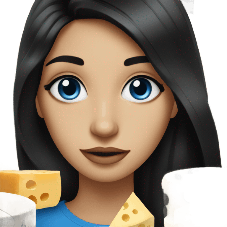 stunning blue eyed brunette girl with black hair surrounded by cheese emoji