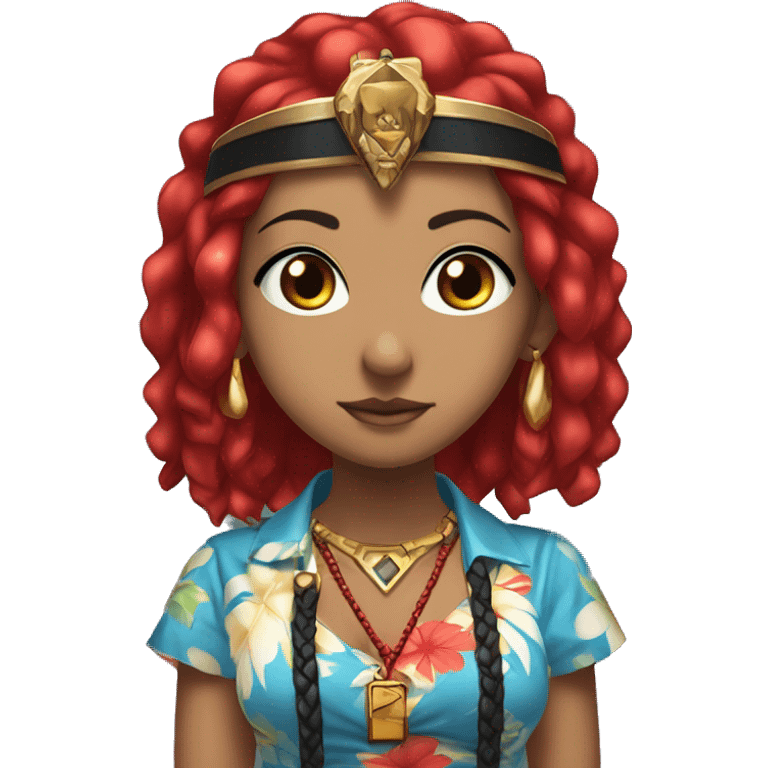 anime woman with red and black hair, wearing a blue hawaiian shirt, red eyes, wearing a cross necklace, wearing a red and black pharaoh headdress emoji