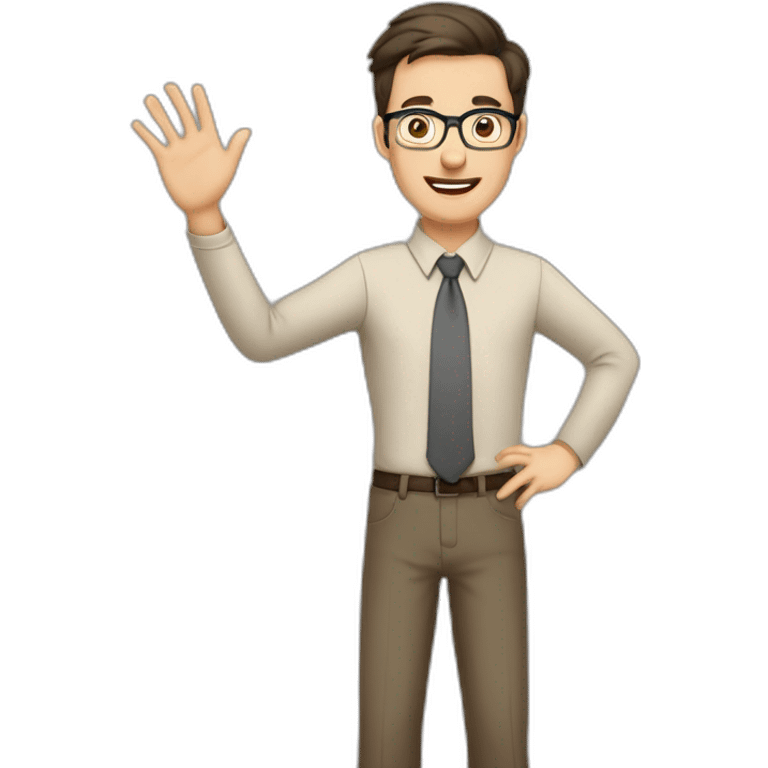 To belt Actively gesturing with hands Pale skinned fit man teacher with dark brown hair in gray jacket, beige office shirt, brown tie, brown pants and vintage glasses. emoji