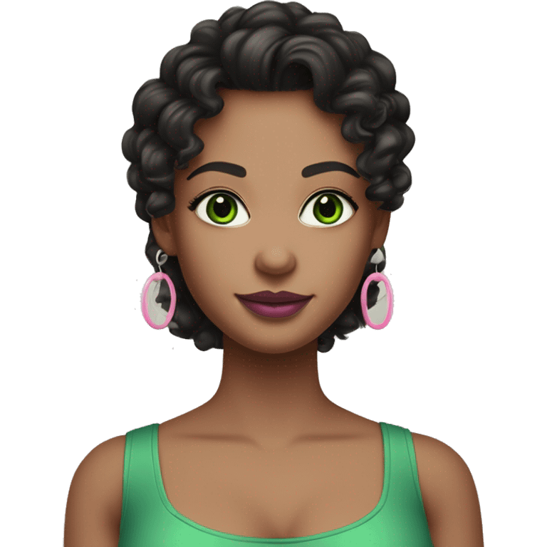 Create an emoji-style character of a WHITE skin girl with bright green eyes, long black curly or wavy hair, wearing hoop earrings. She has a green v-neck top, wears mascara, and is styled with soft pink mauve lipstick emoji