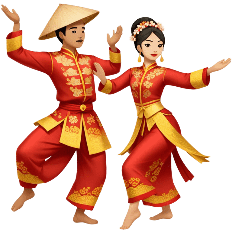 Cinematic Realistic scene of two performers executing a traditional Vietnamese folk dance, adorned in intricately patterned traditional costumes, captured in fluid motion with soft, culturally rich lighting emoji