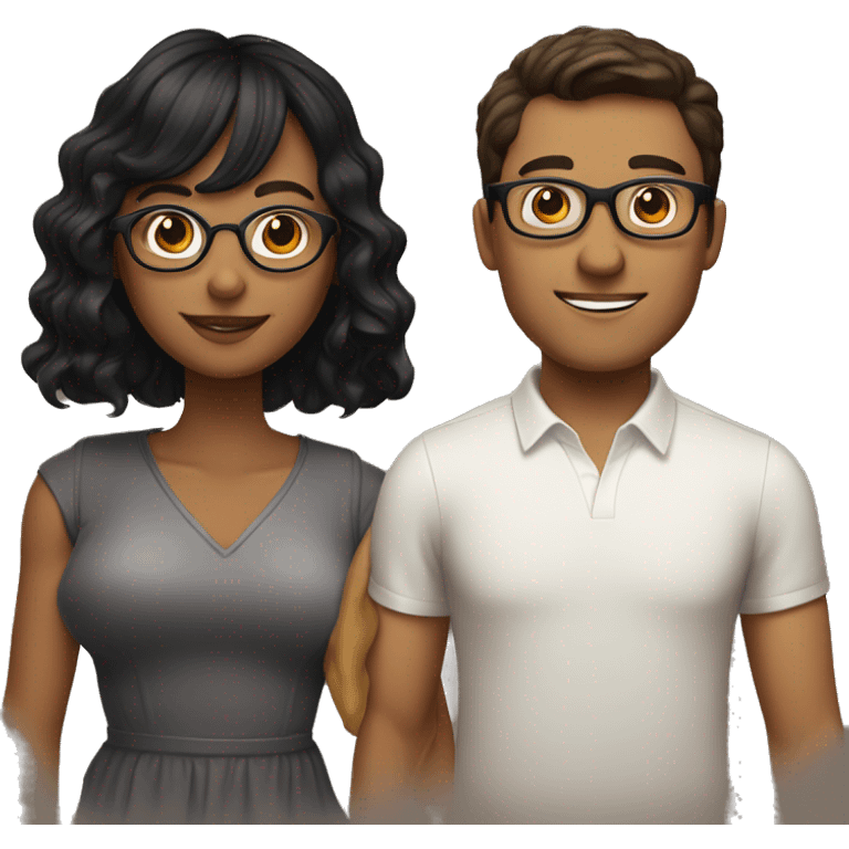 a couple. woman with wavy black hair and bangs. man with brown middle part and glasses emoji