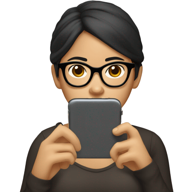 Filipina woman with black framed glasses texting angrily.  emoji