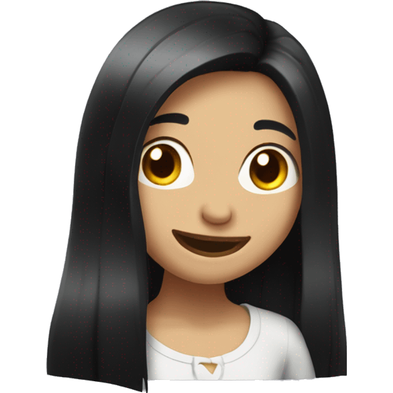 A girl with long black hair blinks and laugh emoji