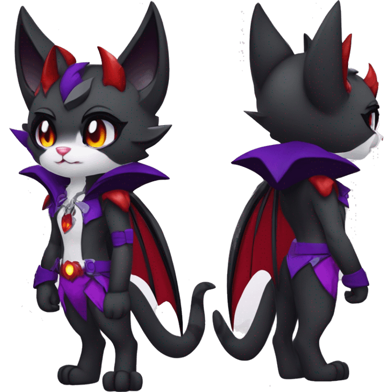 Anthro-Cute-Edgy-Cool-Vampiric-Batty-Cat-Black-Purple-Red-Grey-White-Yellow-Contrast-Colors-Fantasy-Fur-Sona-Chibi-Shiny-Fakémon-Hybrid with horns and fangs and collar full body emoji