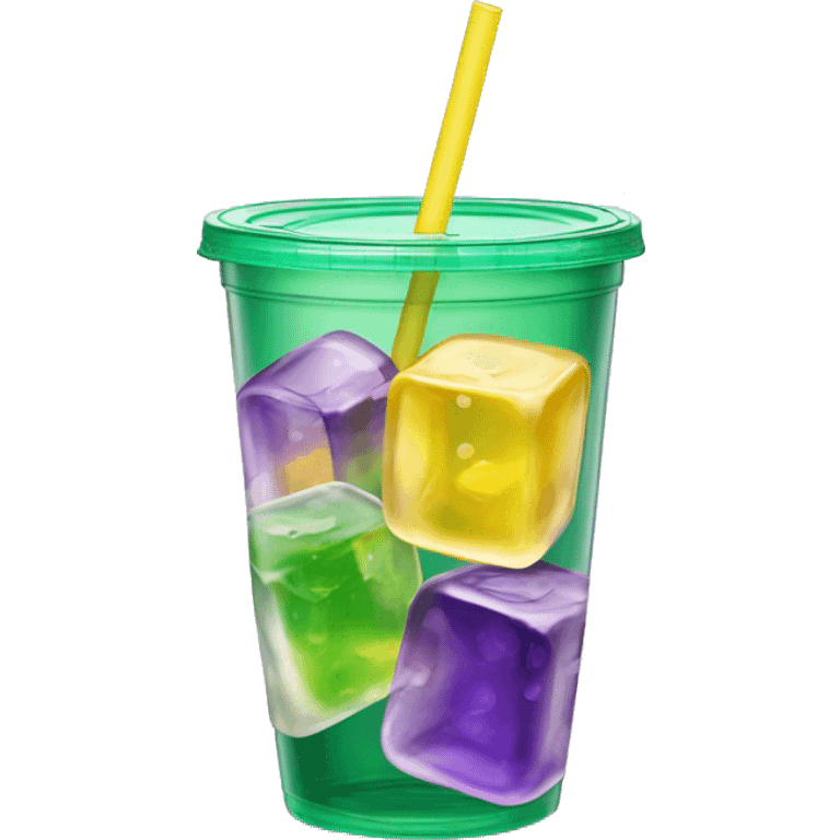 Realistic see through plastic cup and lid with half full Transluscent yellow, green ,purple soda,straw and large ice cubes inside. emoji