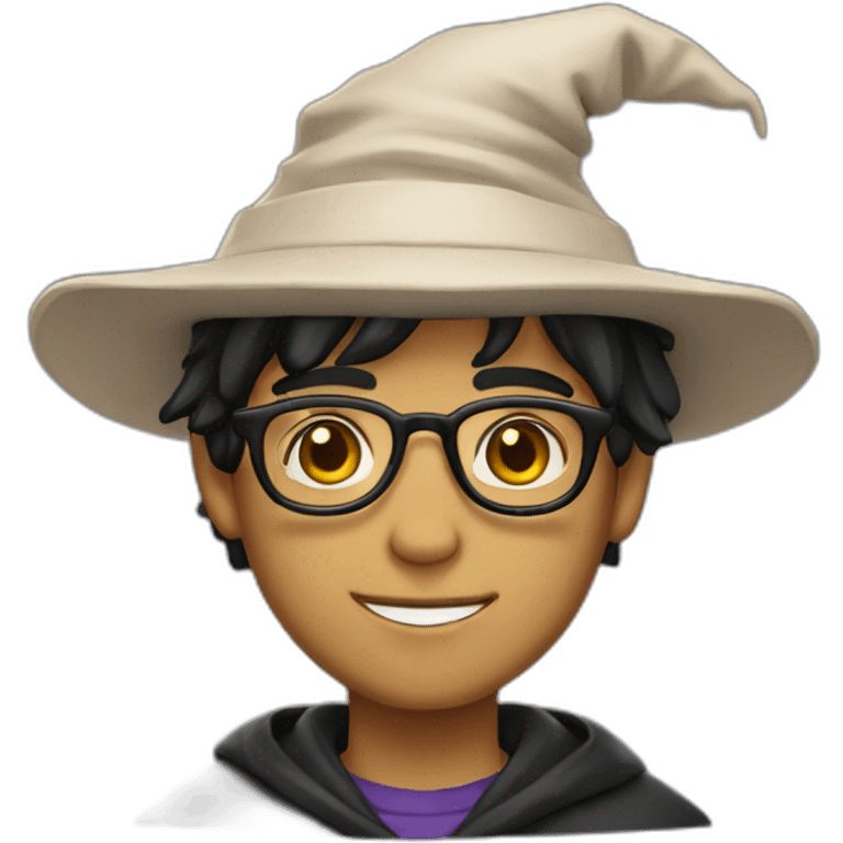 young male wizard skin tone 3 with black hair and glasses with hat frontview middle parting hair emoji