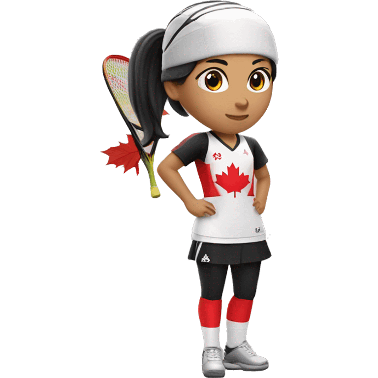 female squash player with black ponytail wearing team canada uniform emoji