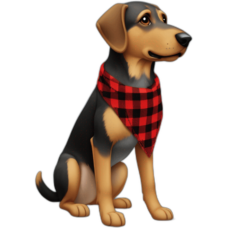 75% Coonhound 25% German Shepherd mix dog wearing small pointed red buffalo plaid bandana side view full body facing left emoji