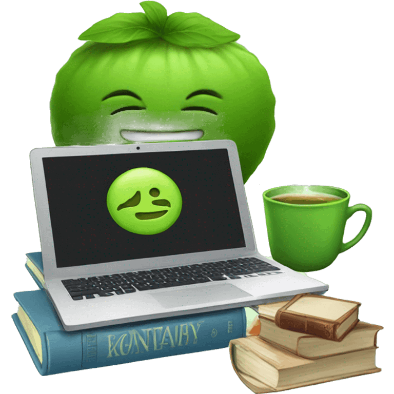 Matcha with a laptop and books next to it emoji