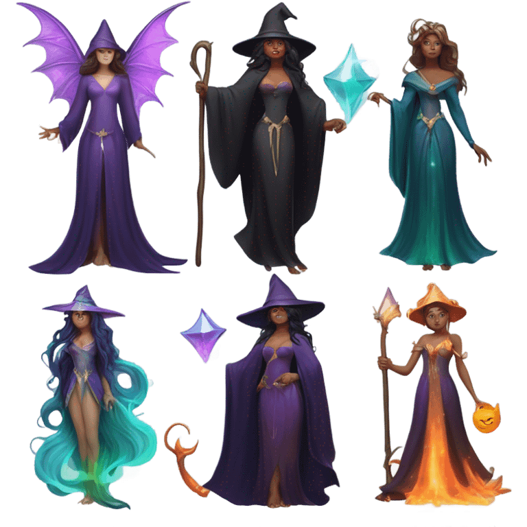 A lady witch, a lady wizard, a siren, a fairy, and a merman emoji