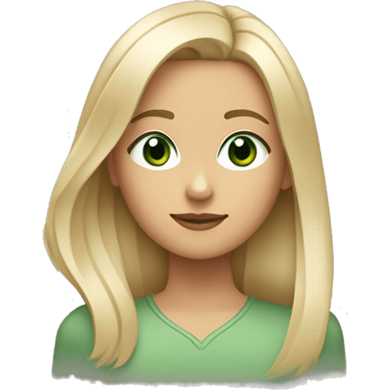 Girl with a round face dark green eyes and mid length hair brow hair with blonde highlights ￼ emoji