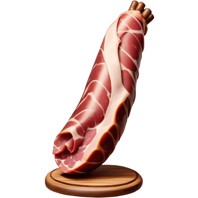 ​Cinematic Realistic Spanish Jamón Leg, depicted as a massive, cured leg of Jamón serrano (ham) with a deep reddish-brown hue, intricately marbled and slightly glossy with age, elegantly displayed on a rustic wooden stand and bathed in warm, soft lighting that accentuates its artisanal heritage, emoji