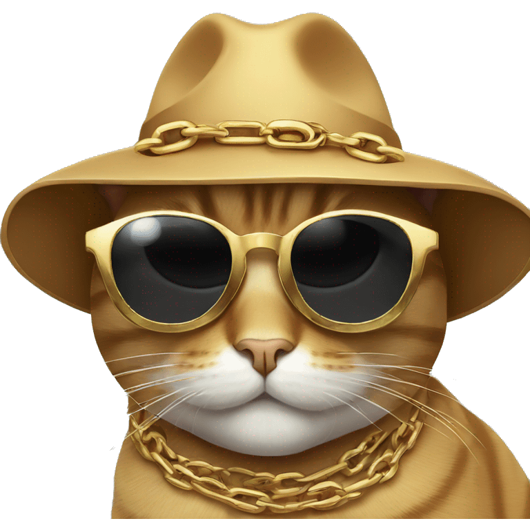 Cat wearing black sunglasses with a chain and a hat emoji