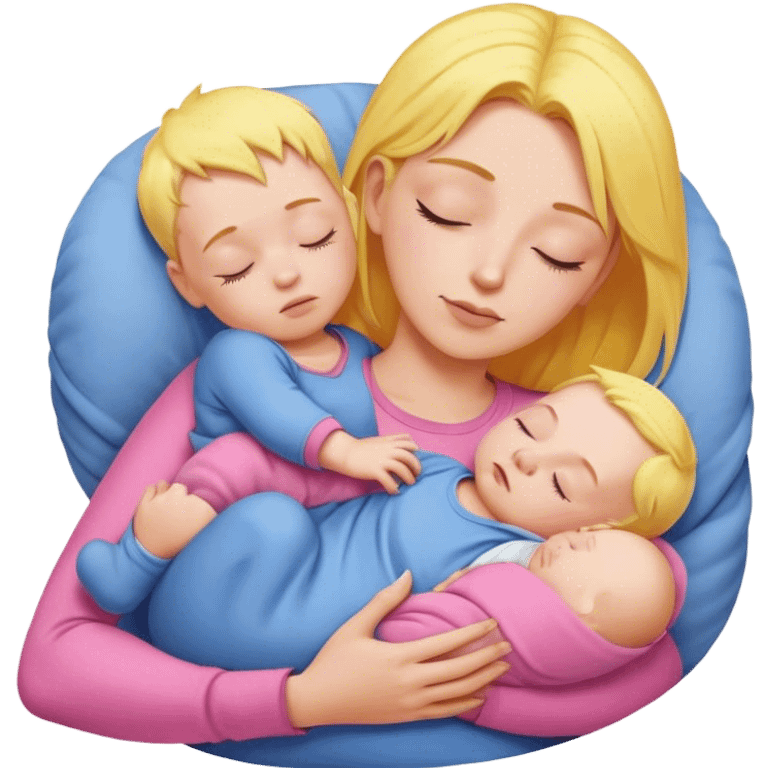 Mother holding baby, mother with yellow hair and pink clothes, baby in blue clothes is sleeping emoji