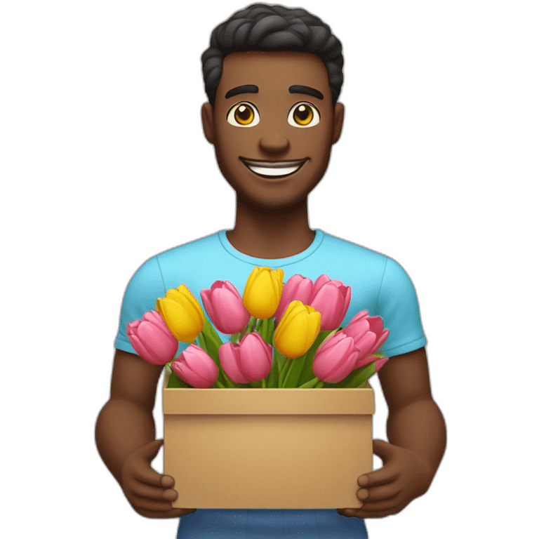 The man holds a decorative box in which tulips and smiles lie. The man has a beautiful smile skin white emoji