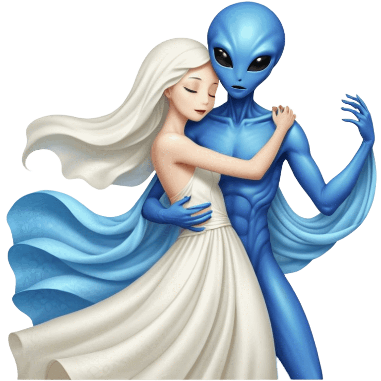 Alien woman in white dress hugs and kissing "white male human man" emoji